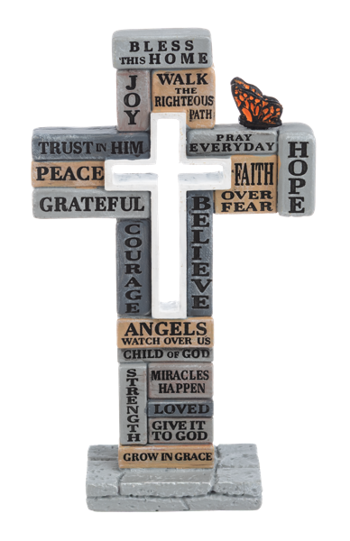 Words of Faith Collage Cross Figurine with Butterfly