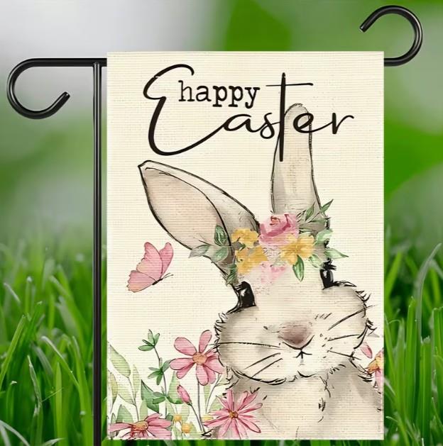 Happy Easter Garden Flag with Bunny – Double-Sided Design
