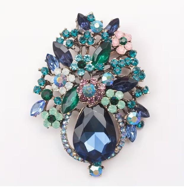 Large Floral Brooch with Blue & Green Rhinestones