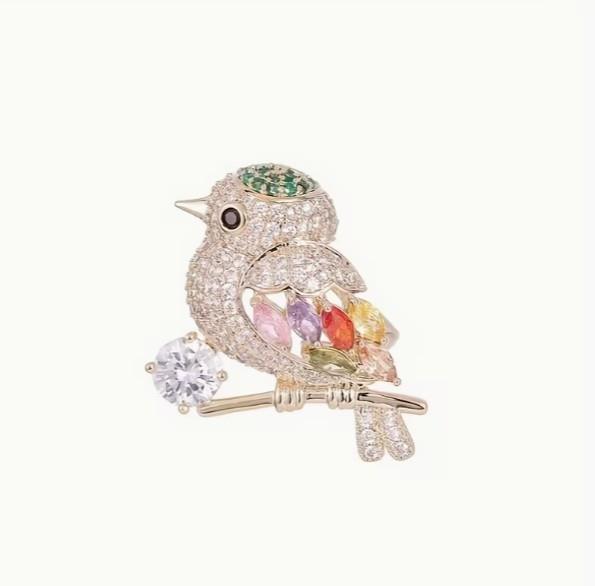Gold Tone Magpie Brooch with Colourful Rhinestones