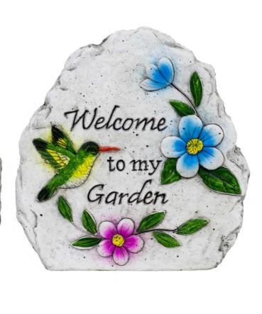 Garden Stone with Hummingbird & Flowers – “Welcome to My Garden”