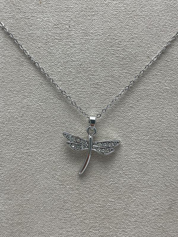 Silver Dragonfly Teardrop Necklace with Rhinestones