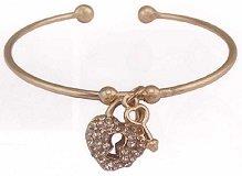 Gold Cuff Bracelet with Rhinestone Heart Lock & Key Charm