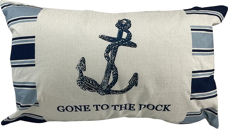 Decorative Pillow – Ivory & Blue Stripes with Anchor “Gone to the Dock” 18"x11"