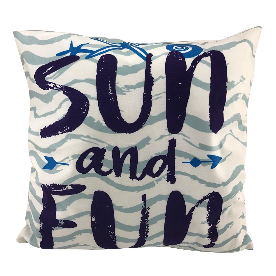 Decorative Pillow – White & Blue Stripes with “Sun and Fun” 16" Square