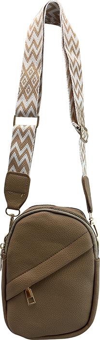 Tan Vegan Leather Crossbody Purse with Tan & White Guitar-Style Strap