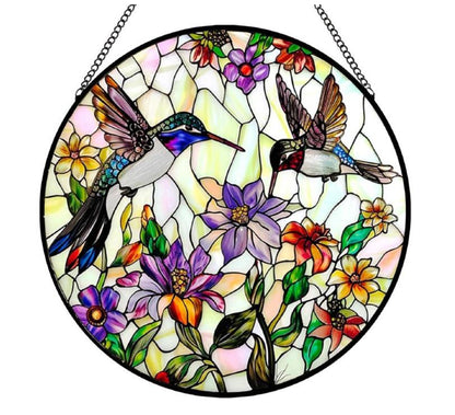 Round Stained Glass Suncatcher – Hummingbirds and Flowers