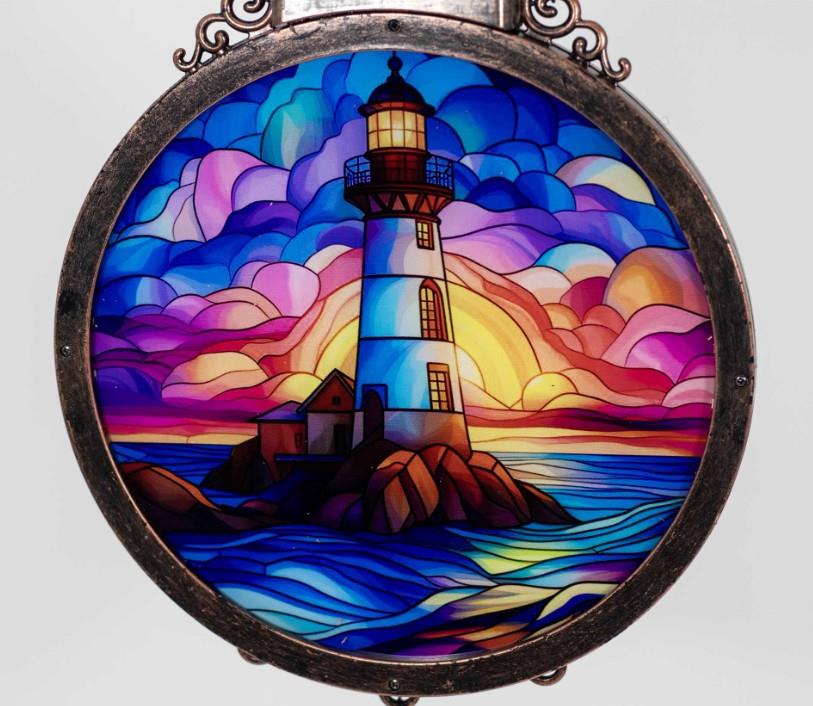 Solar Wind Chime with Stained Glass Lighthouse – Sunset Design