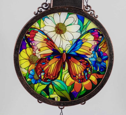 Solar Wind Chime with Stained Glass Butterfly – Outdoor Hanging Décor