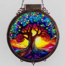 Solar Wind Chime with Stained Glass Tree of Life – Outdoor Décor
