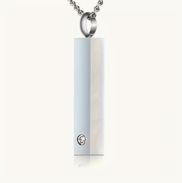 Stainless Steel Rectangle Urn Necklace with Crystal Accent