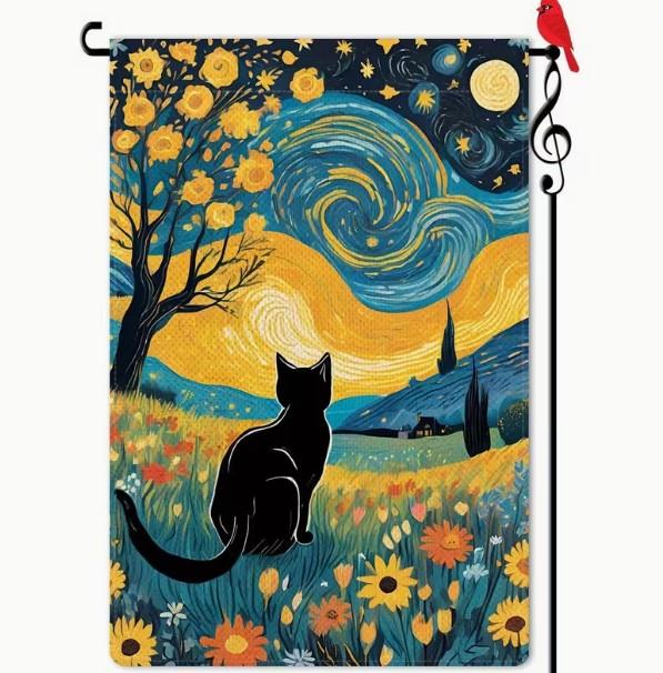 Black Cat Garden Flag – Starry Night Burlap Garden Flag, Double-Sided 12" x 18"