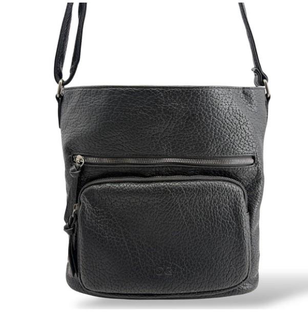 Black Vegan Leather Shoulder Bag with Multiple Pockets