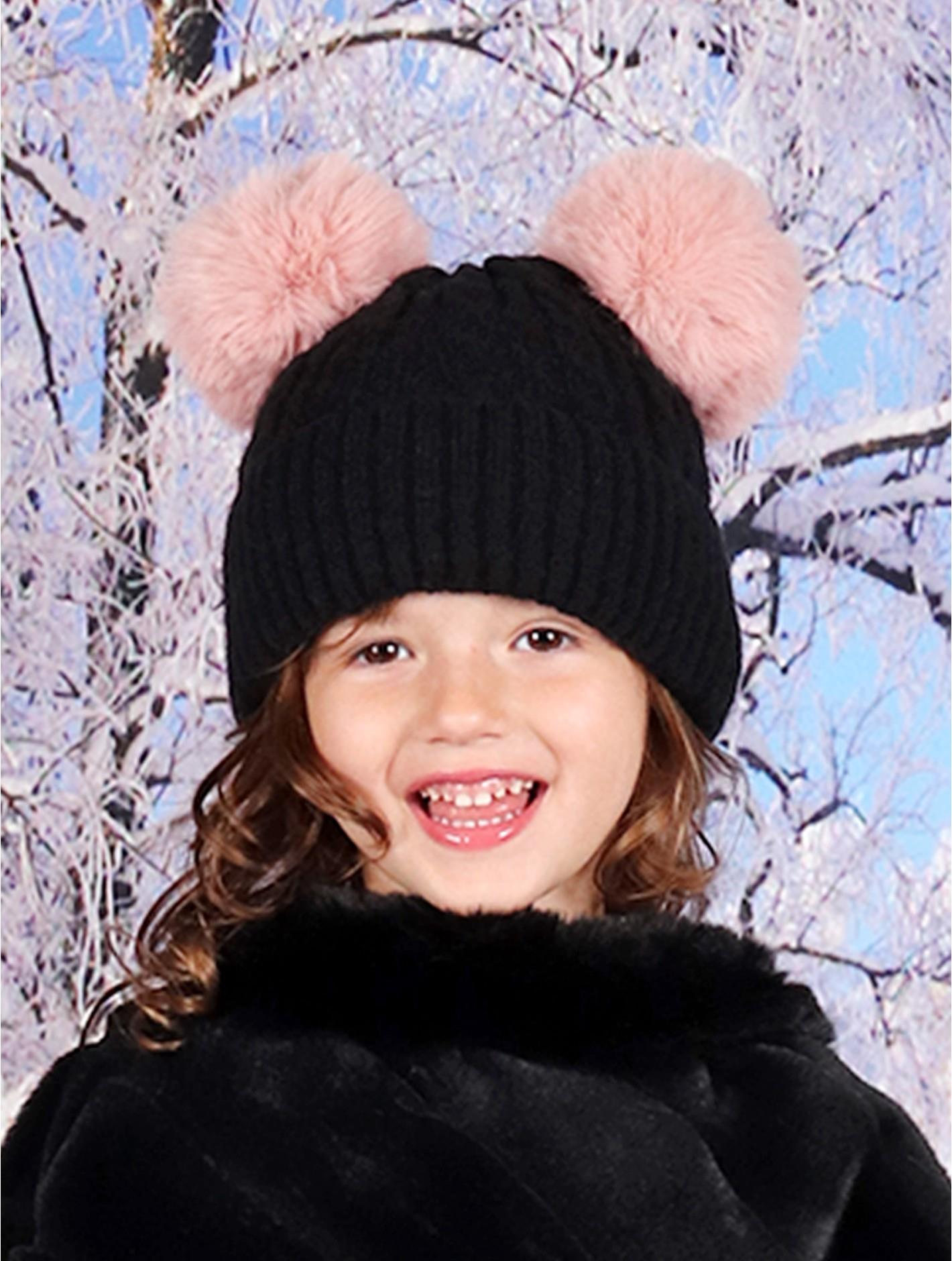 Kids Black Double Pom Pom Knitted Hat – Dusty Pink Pom Poms