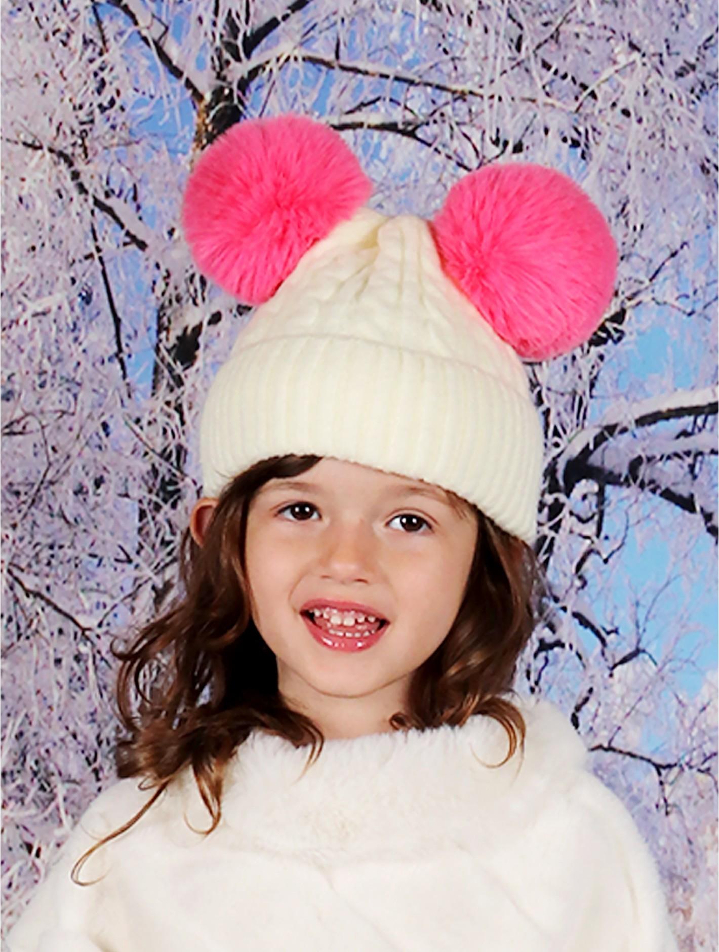 Kids Cream Double Pom Pom Knitted Hat – Hot Pink Pom Poms