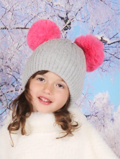 Kids Grey Double Pom Pom Knitted Hat – Hot Pink Pom Poms