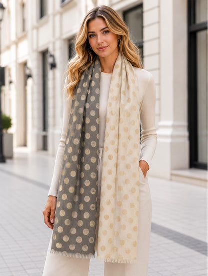 Two-Tone Polka Dot Fashion Shawl Scarf with Cut Tassels – 70.8" x 28"