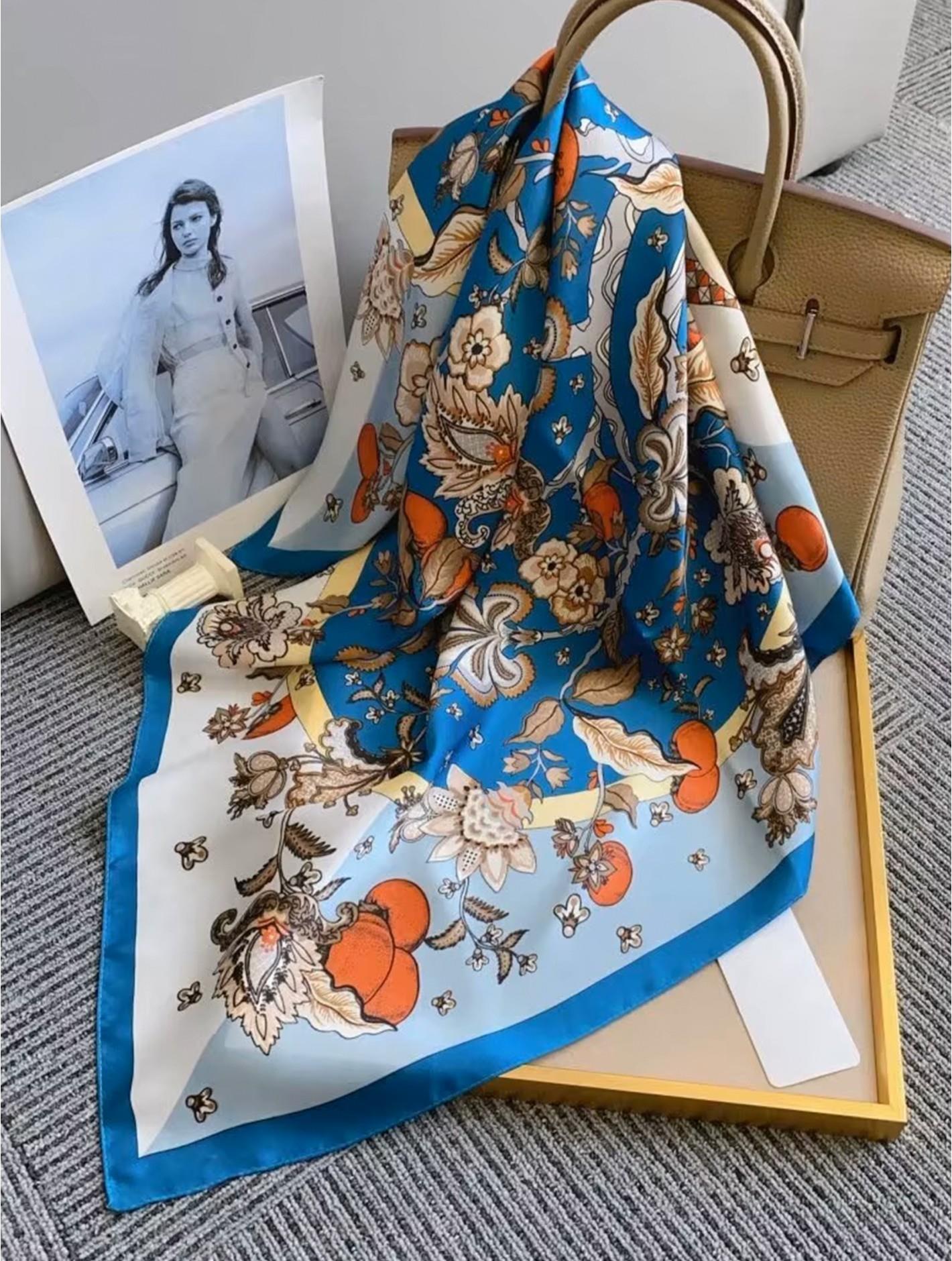 Blue Floral Silk-Feeling Square Scarf with Brown & Orange Flowers – 27.5"