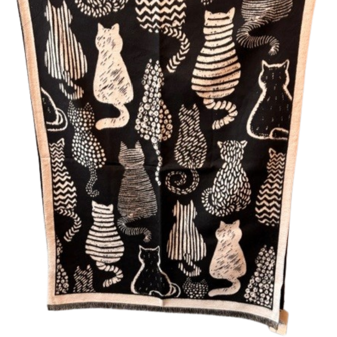 Black Reversible Cat Print Scarf – 27.5" x 72"