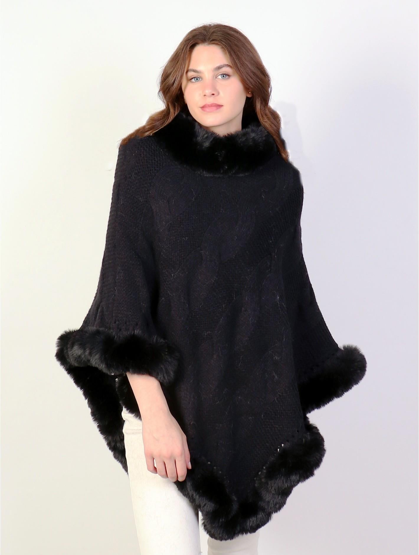 Black Solid Color Poncho with Faux Fur Collar – One Size
