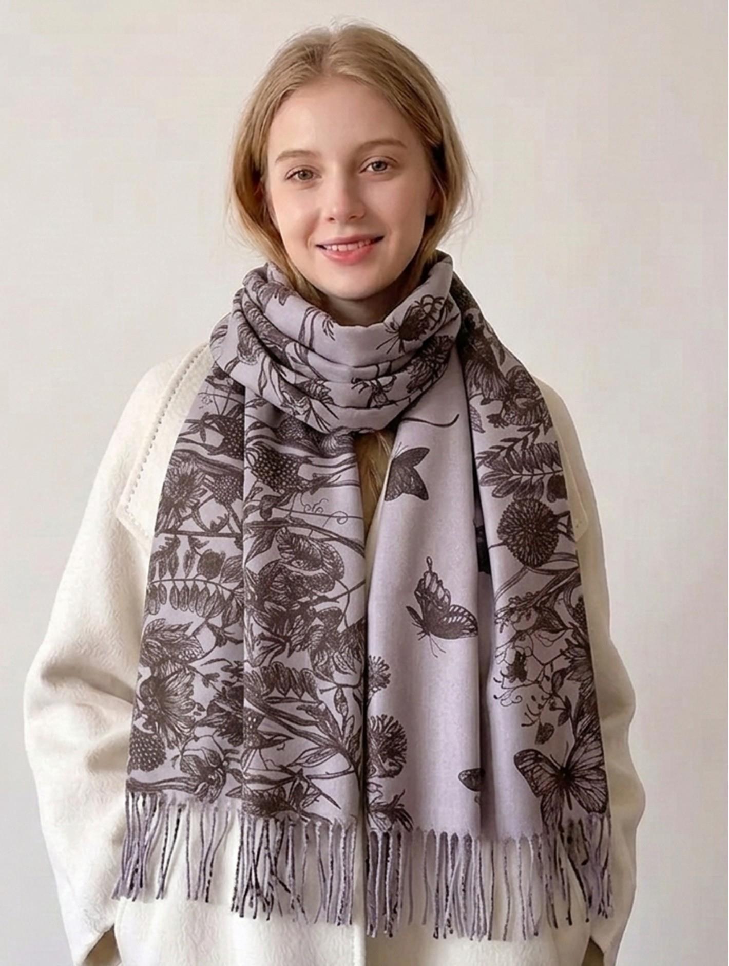 Grey Cashmere-Feeling Floral Scarf with Dark Grey Flowers