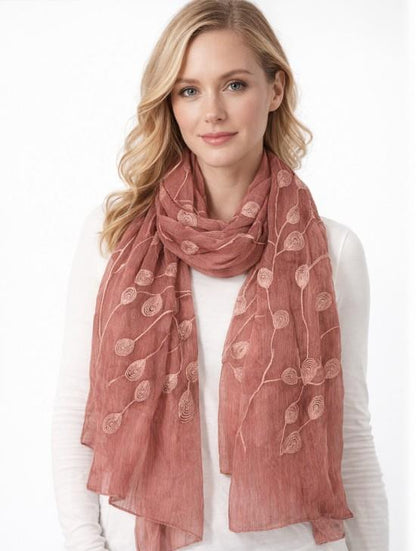 Burgundy Lightweight Scarf with Embroidered Leaves