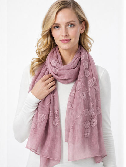 Mauve Lightweight Scarf with Embroidered Leaves