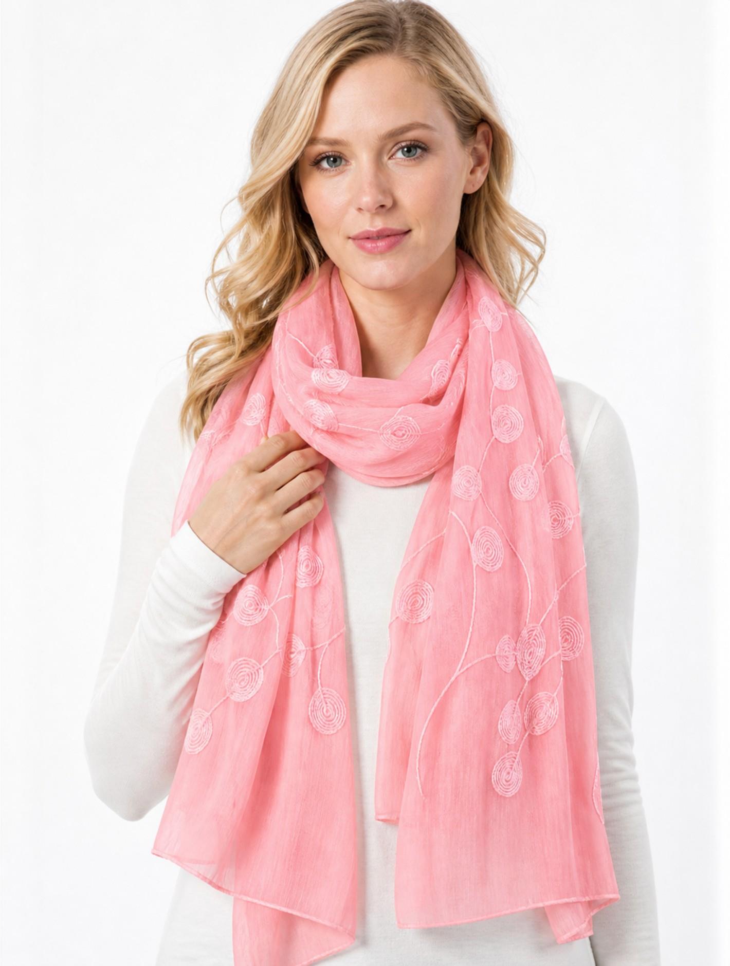 Pink Lightweight Scarf with Embroidered Leaves