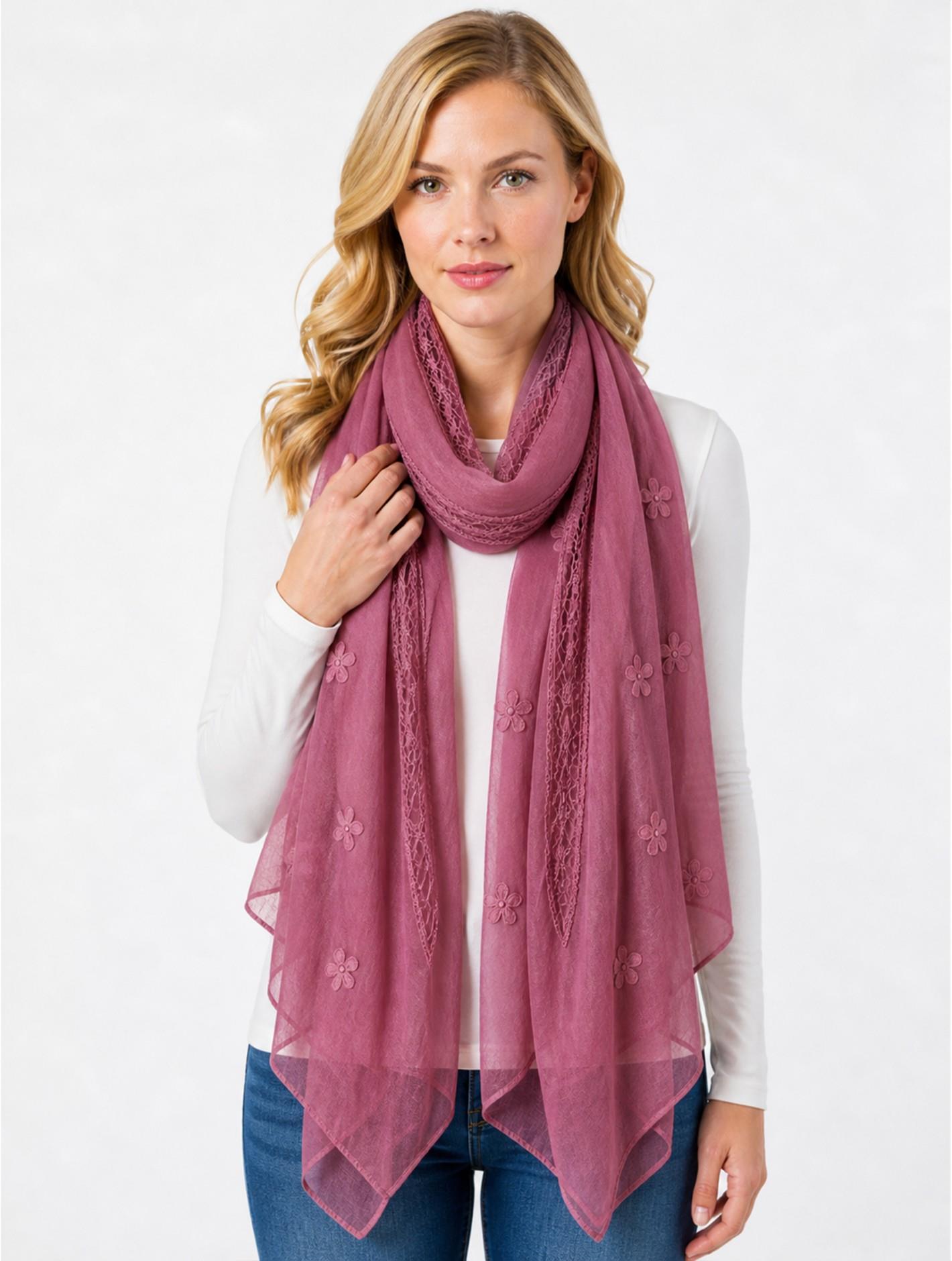 Plum Lightweight Flower & Lace Embroidered Scarf