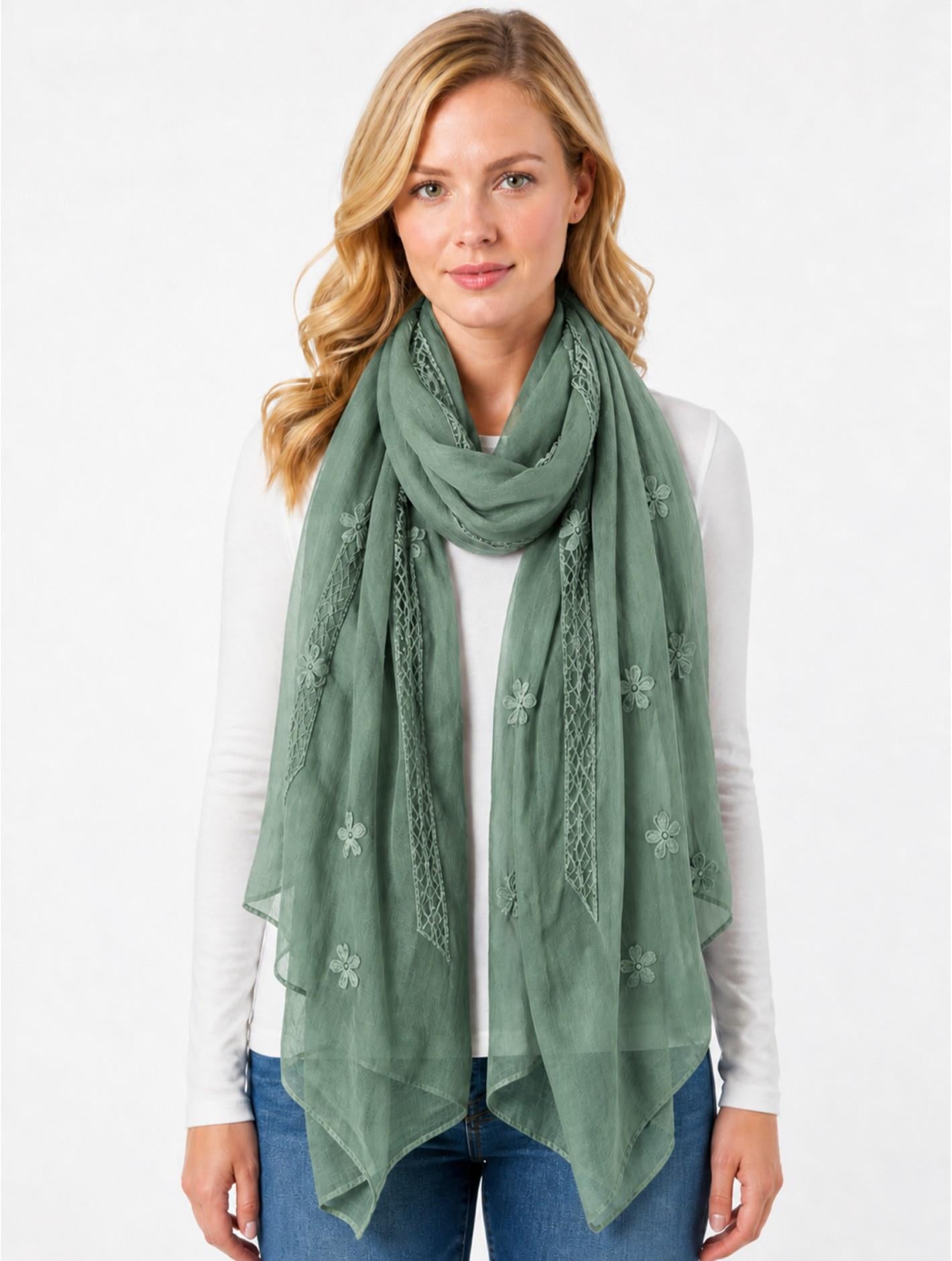 Green Lightweight Flower & Lace Embroidered Scarf