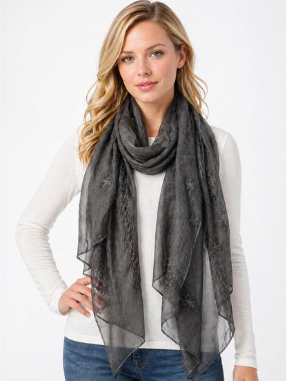 Charcoal Grey Lightweight Flower & Lace Embroidered Scarf