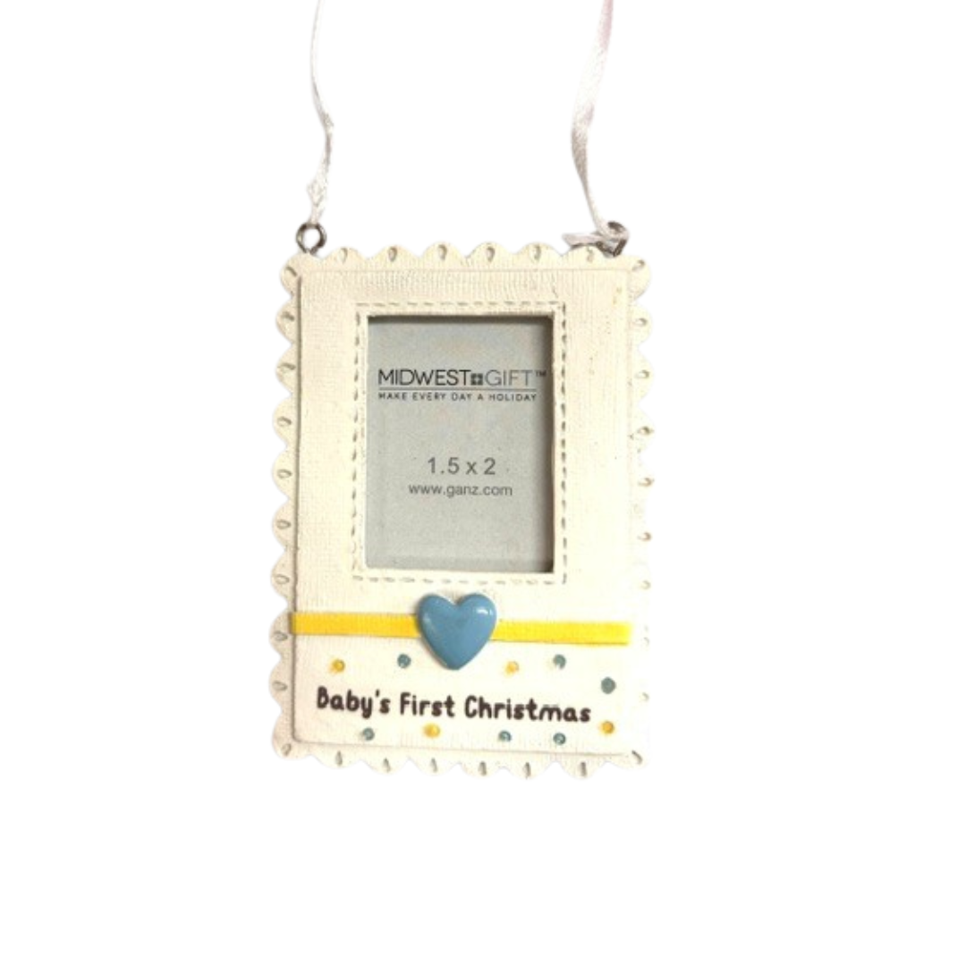 Baby's First Christmas Photo Frame Ornament with Blue Heart