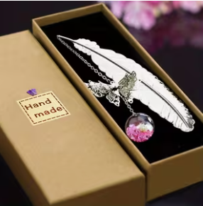 Silver Feather Bookmark – Butterfly & Pink Crystal Glass Ball – 4.5"