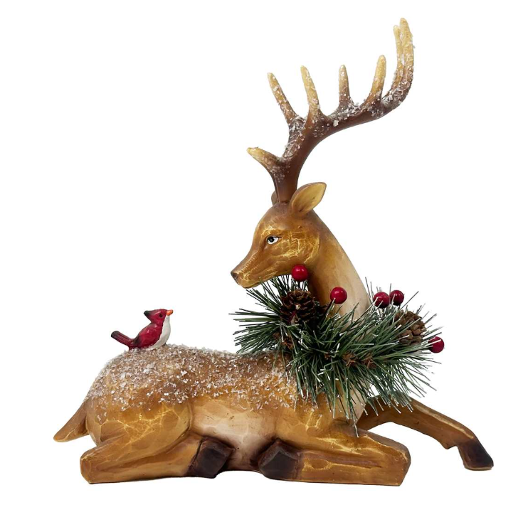 Sitting Deer with Cardinal & Greenery