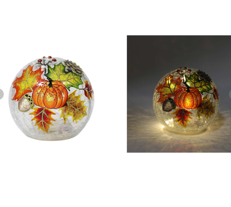 Crackle Glass LED Pumpkin & Leaves Ball