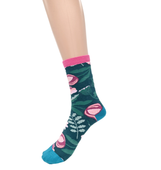 Ladies Teal Floral Pattern Socks
