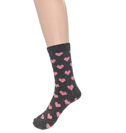 Ladies Dark Grey & Pink Heart Wool Blend Socks
