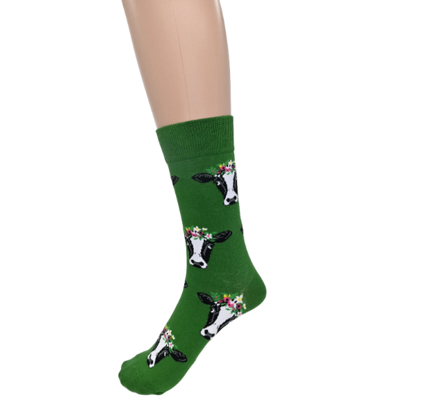 Ladies Green Flower Crown Cow Socks