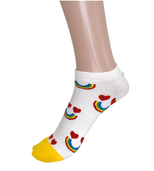 Ladies Ivory & Yellow Rainbow Heart Ankle Socks