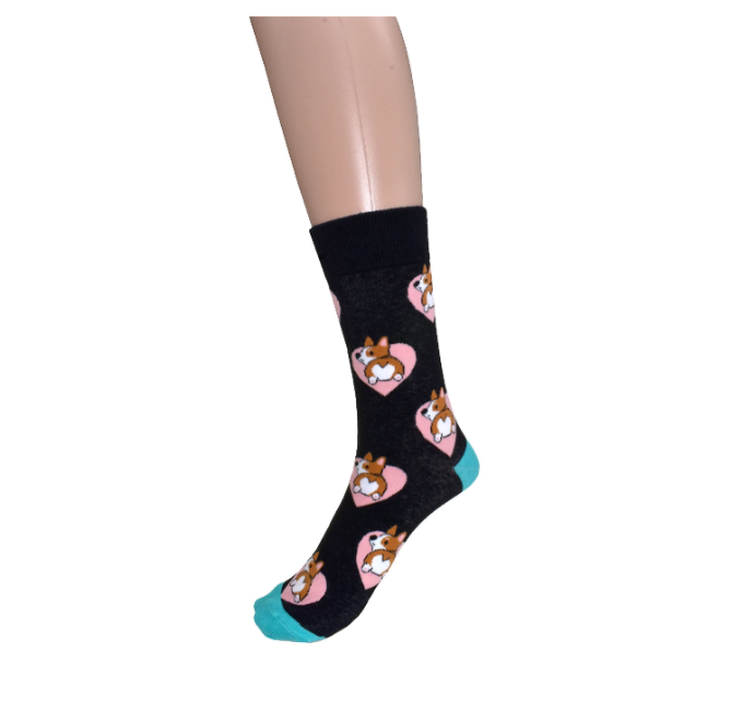 Ladies Black Brown Dog & Pink Heart Socks