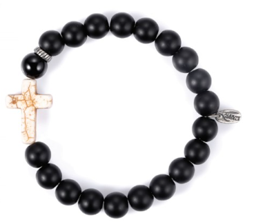 Men’s Onyx Beaded Bracelet with White Turquoise Cross