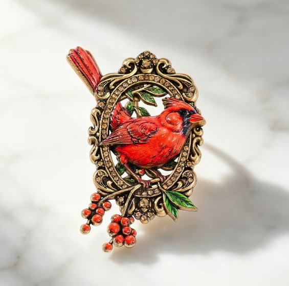Cardinal Brooch in Ornate Frame
