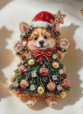 Christmas Dog in Tree Brooch with Santa Hat